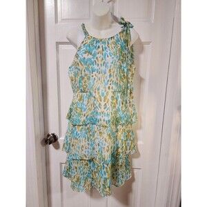 BCBGMaxAzria Blue and Green Animal Print
Tiered Sleeveless Chiffon Midi Dress XL